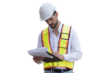 Portrait of male engineer construction working on transparent background. Male construction builder standing on transparent background