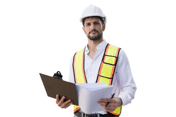 Portrait of male engineer construction working on transparent background. Male construction builder...