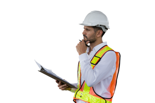 Portrait of male engineer construction working on transparent background. Male construction builder standing on transparent background