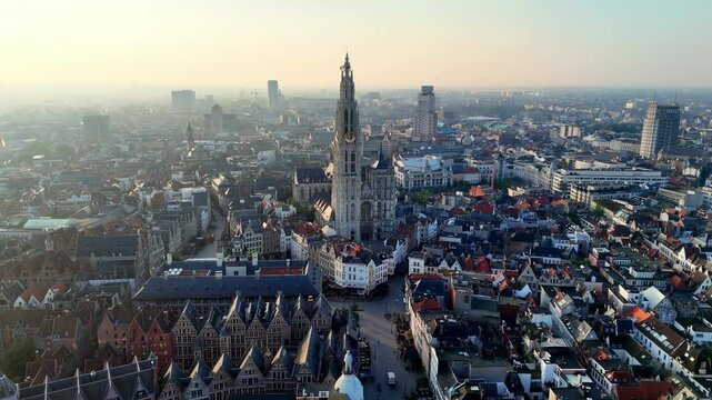 Misty Antwerp Skylin Golden Hour Aerial Panorama Cathedral of Our Lady is a Roman Catholic cathedral in Antwerp, Belgium