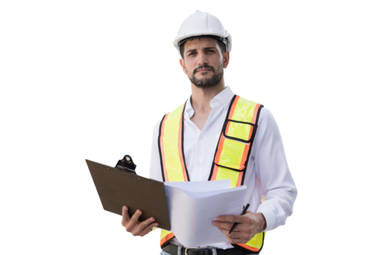 Portrait of male engineer construction working on transparent background. Male construction builder standing on transparent background