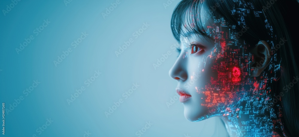Poster digital face with glowing circuitry and data patterns, futuristic technology concept, copy space for