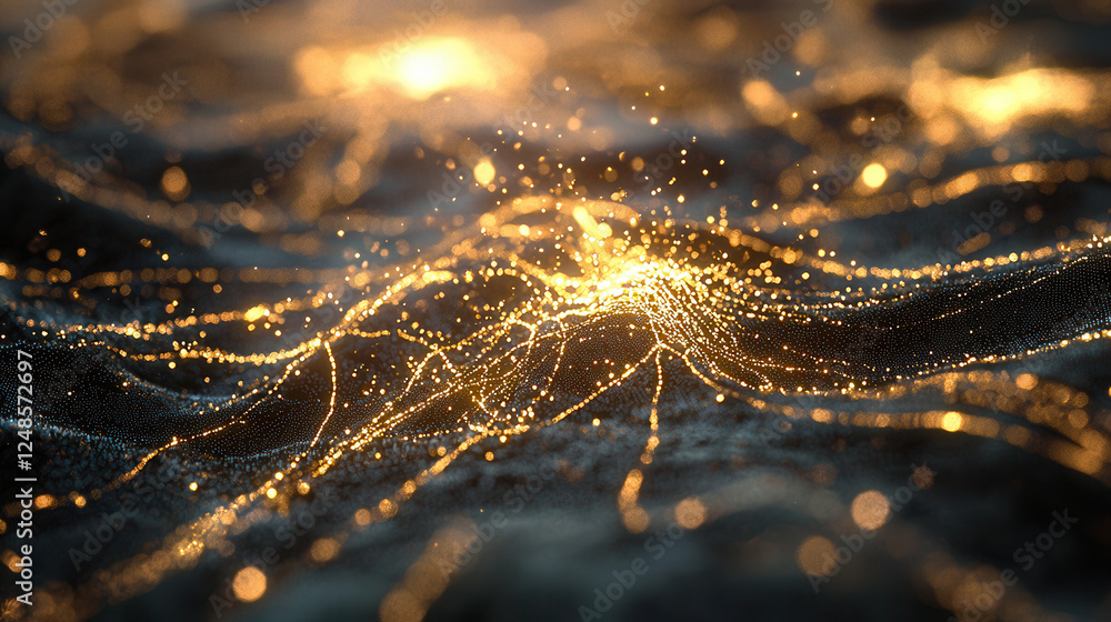 Poster digital artwork depicting glowing network scalability with vibrant particles. intricate design showc