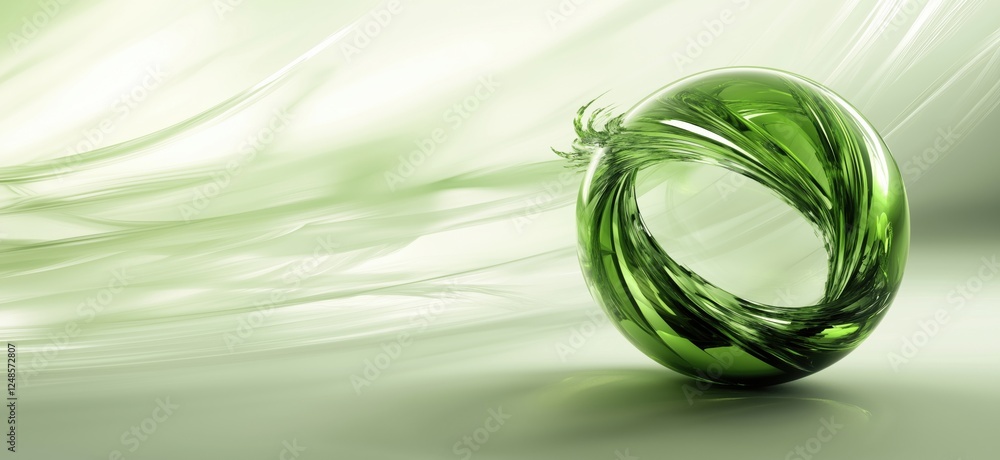 Poster abstract green glass orb with swirling patterns and soft light effects, copy space for text