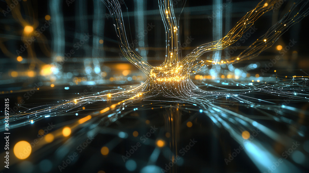Poster digital artwork depicting network scalability with glowing connections and nodes, showcasing futuris