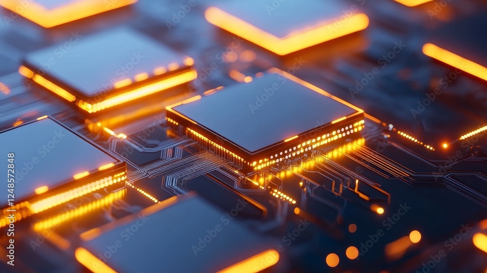 Poster close-up view of glowing microchips on a circuit board showcasing advanced technology and innovation