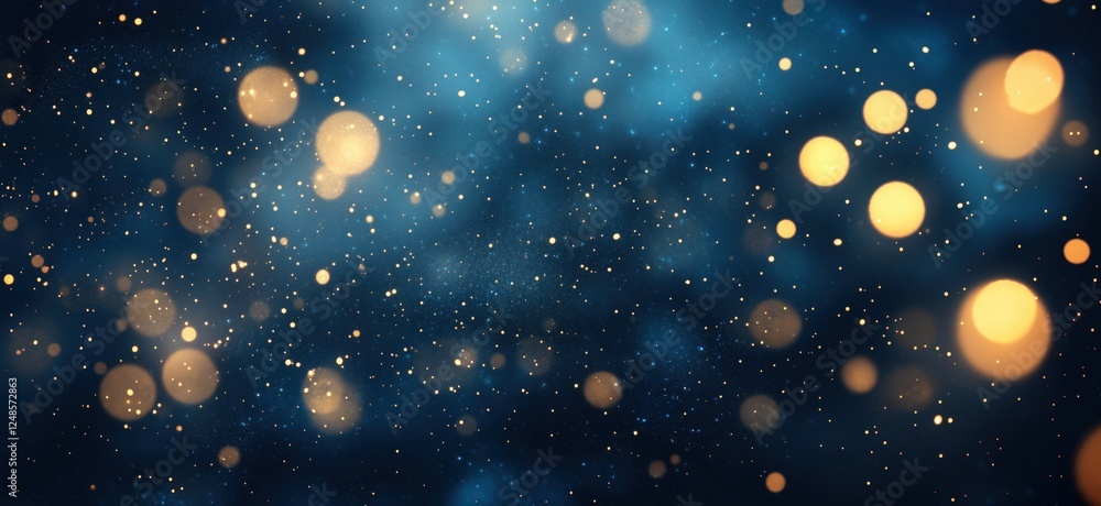 Poster bokeh effect with golden lights on dark blue background, abstract sparkling texture, copy space for 