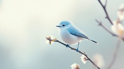 a small blue bird perched on a flowering branch in spring