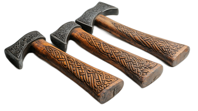 Three Ornate Viking Axes: Three meticulously crafted Viking axes with intricately carved wooden handles and dark steel heads, displayed in a row against a clean backdrop.