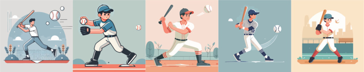 vector of young men playing baseball