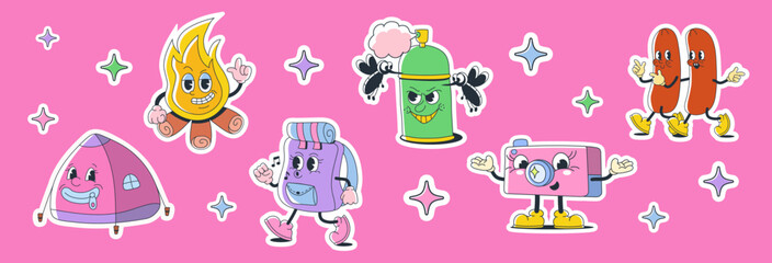 A set pack of groovy playful stickers. Collection of retro style cute characters for traveling and hiking