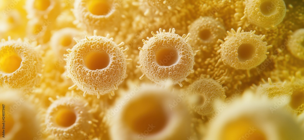 Poster microscopic view of yellow spherical cells with intricate textures and patterns, copy space for text