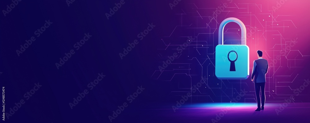 Poster digital security concept with man standing before large padlock symbolizing cybersecurity and data p