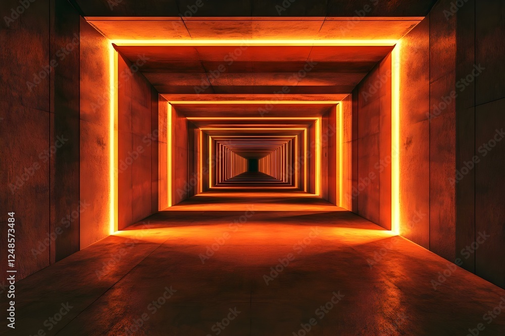 Poster a geometric corridor illuminated with orange lights, creating a sense of depth and perspective. conc