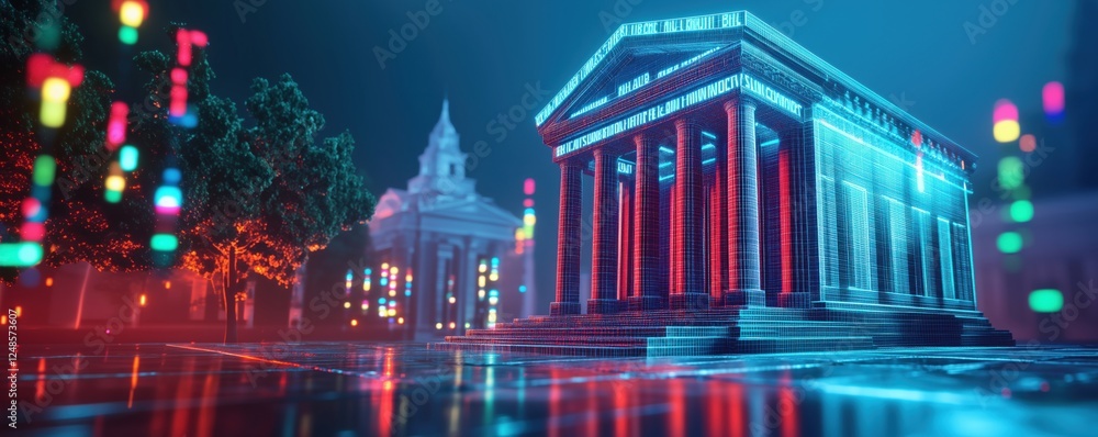 Poster digital representation of classical architecture with neon lights and futuristic elements, copy spac