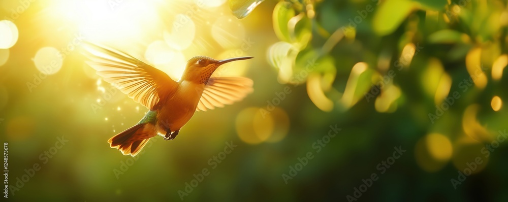 Poster hummingbird in flight with sunlight and bokeh background, copy space for text