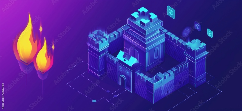 Poster digital fortress with flames and security icons in futuristic design, copy space for text