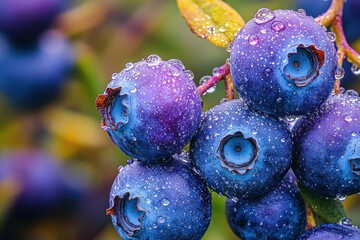 Fresh blueberries glistening with dew droplets, showcasing vibrant colors and textures in a lush garden setting