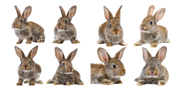Multiple Cute Rabbits in Various Poses and Angles on White Background, isolated on transparent background