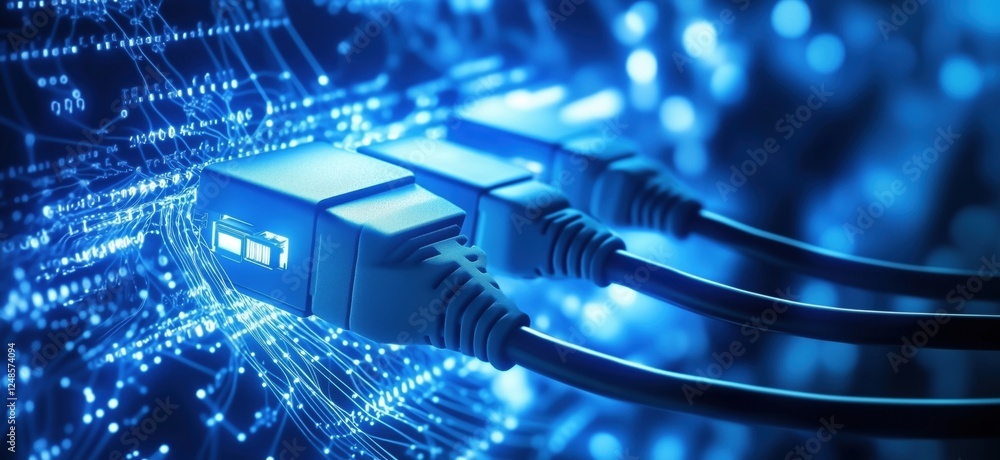 Poster network cables connected to glowing data streams, representing digital connectivity and technology, 