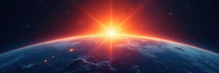 Naklejka premium Earth emerges from darkness, sunrise bursting at edge , dawn, colorful, space