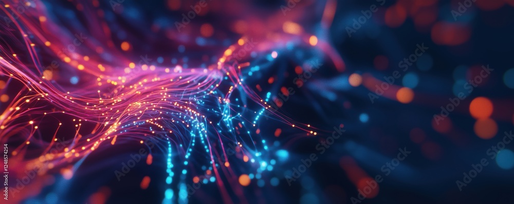 Poster abstract digital wave patterns with glowing lines and particles in vibrant colors, copy space for te