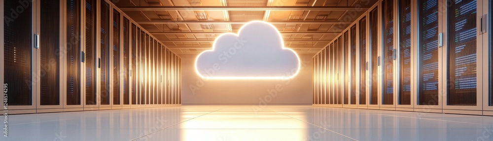 Aufkleber a serene digital space with a glowing cloud at the center, illuminated by warm light filtering throu