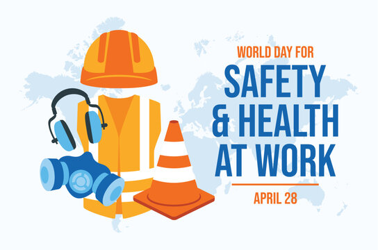 World Day for Safety and Health at Work poster vector illustration. Work protective equipment and clothing icon set. Template for background, banner, card. 28 April every year. Important day