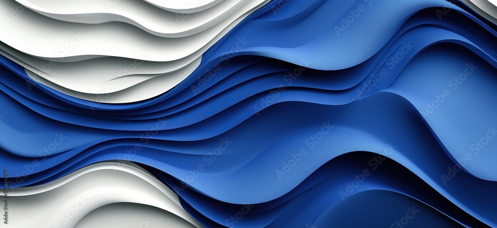 Poster abstract wavy blue and white layers creating dynamic texture and depth, copy space for text
