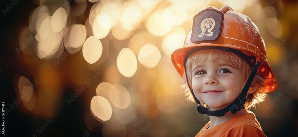 Poster child in orange firefighter helmet smiling against a bokeh background of warm colors, copy space for