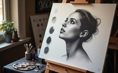 A striking black and white portrait of a woman gazing upwards, showcasing detailed artistic skills in a studio setting.