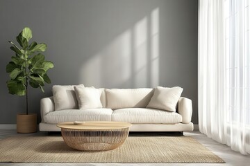 a modern minimalist living room with dove gray walls, plush cream sofa, geometric coffee table, woven area rug, flowing sheer curtains, and fiddle leaf figs basking in soft natural sunlight