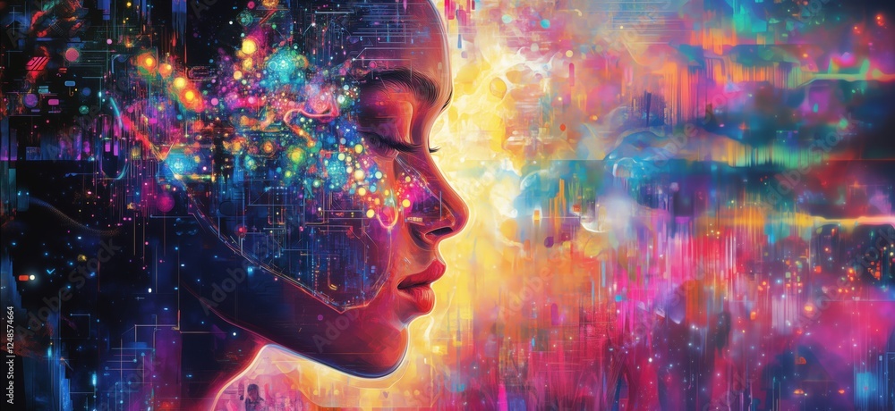 Poster digital portrait of woman with cosmic neural network and colorful abstract background, copy space fo