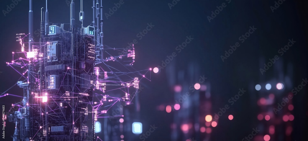Poster futuristic communication towers with glowing connections and digital networks, copy space for text