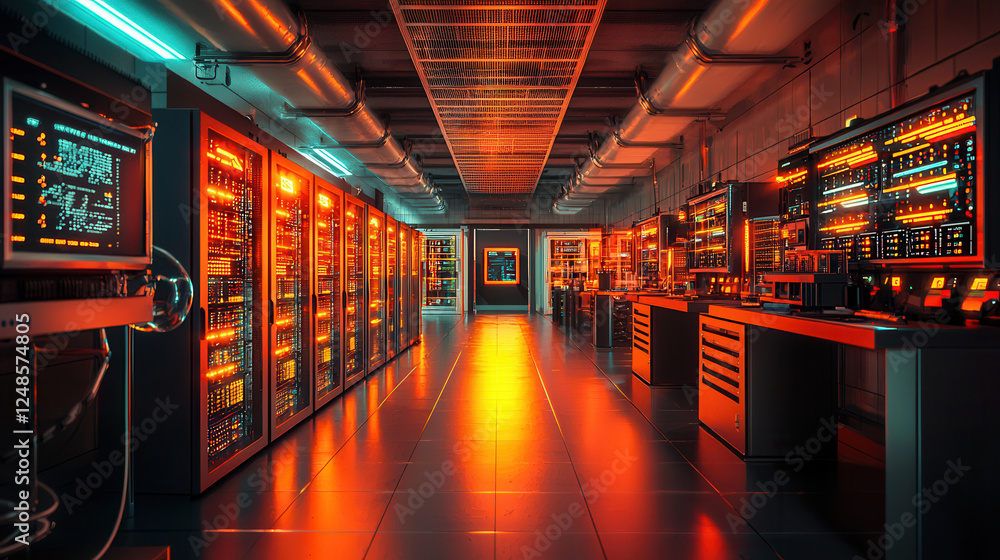 Poster futuristic server farm with glowing technology and ai systems, showcasing advanced data management a