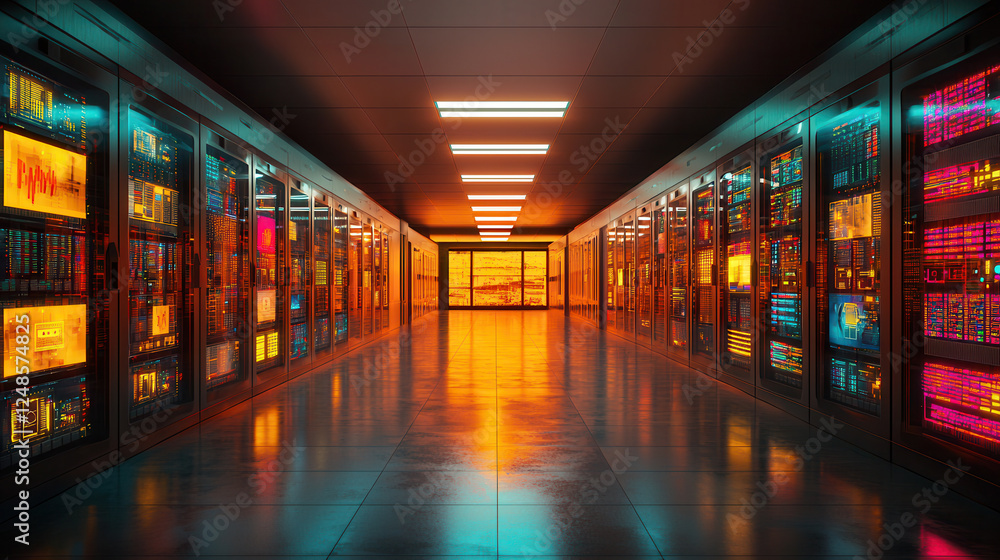 Aufkleber futuristic server farm with vibrant lights and advanced technology, showcasing rows of data servers 