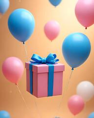 A pink gift box decorated with a blue ribbon, surrounded by blue and pink balloons scattered in the air, on a beige background. Feels elegant, fun and festive.