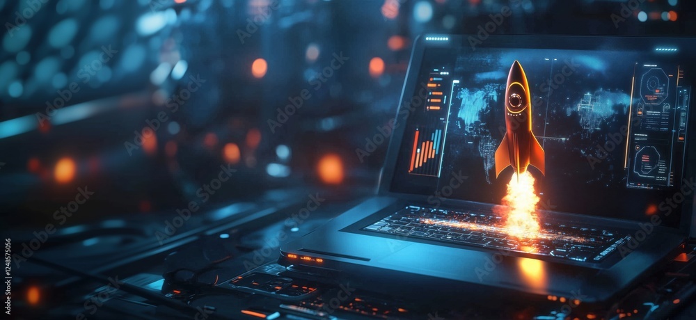 Poster rocket launch animation on laptop screen with futuristic interface and data visualization, copy spac