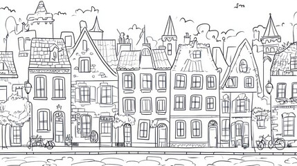 Charming canal-side street, quaint houses, bicycles, idyllic background; coloring book page