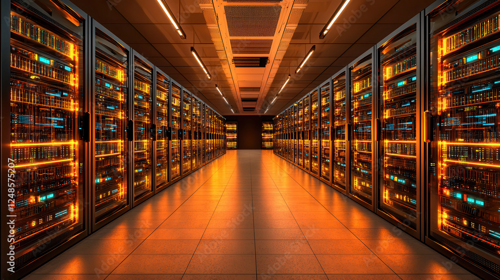 Poster futuristic data center with illuminated server racks and sleek design creates vibrant atmosphere