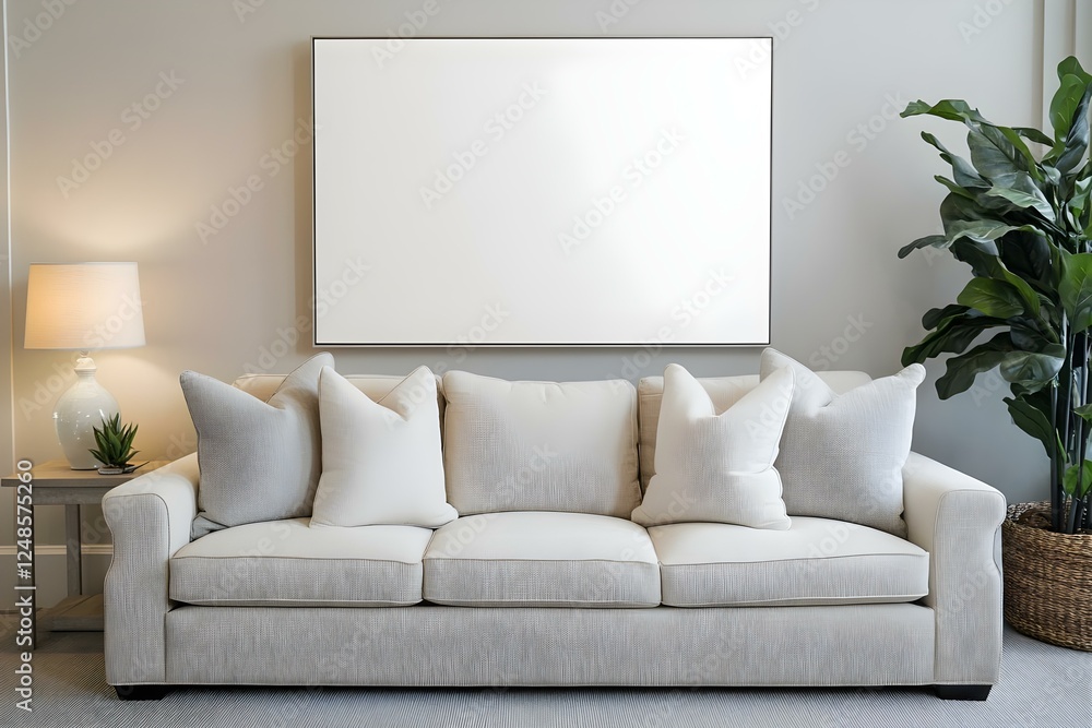 Aufkleber a light-colored sofa with multiple pillows, placed against a wall with an empty framed canvas and a 