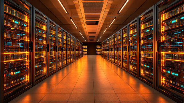 futuristic data center with illuminated server racks and sleek design creates vibrant atmosphere
