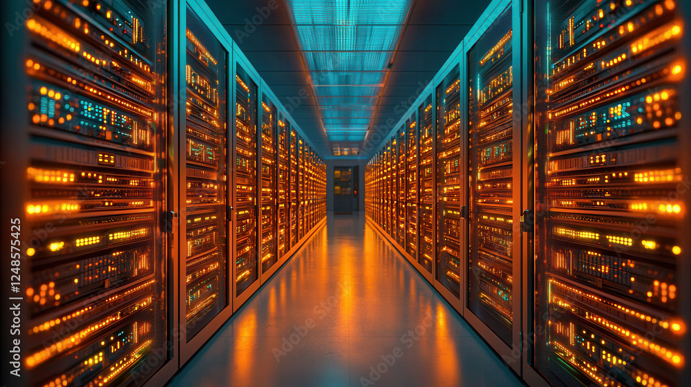 Poster futuristic network infrastructure setup with glowing servers and vibrant lights creates captivating 