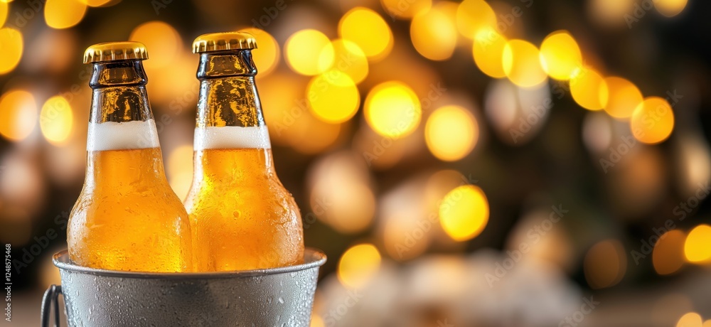 Aufkleber chilled beer bottles in ice bucket with bokeh background of warm lights, copy space for text