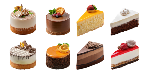 Assorted Delicious Cakes on a White Background with Fresh Berries, isolated on transparent background