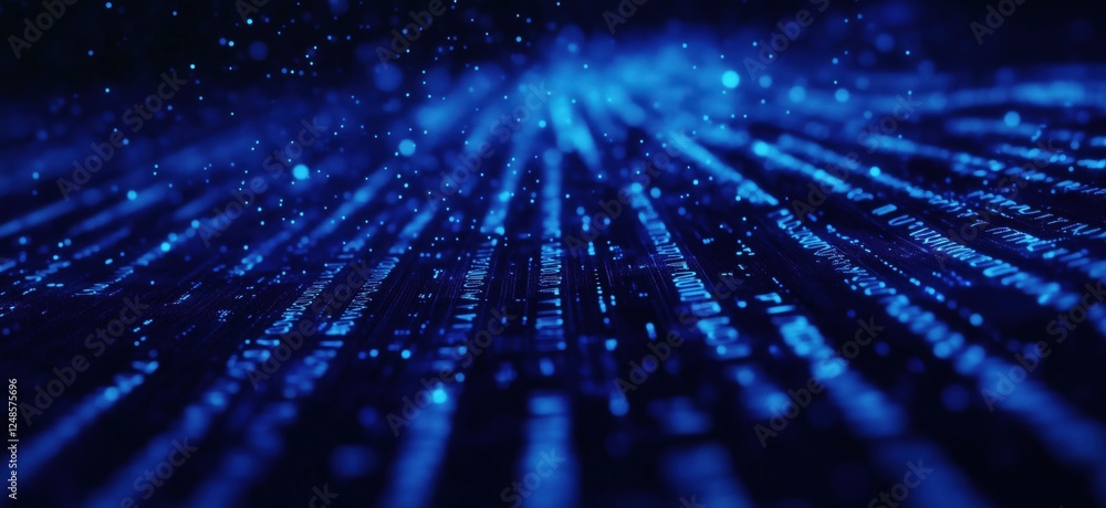 Fototapete digital data stream with blue particles and binary code background, copy space for text