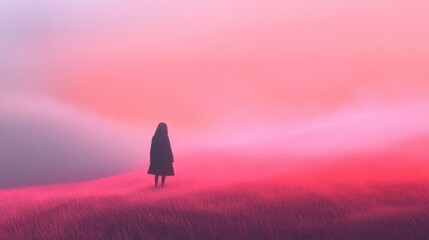 Obraz premium a lone figure stands in a field of pink grass
