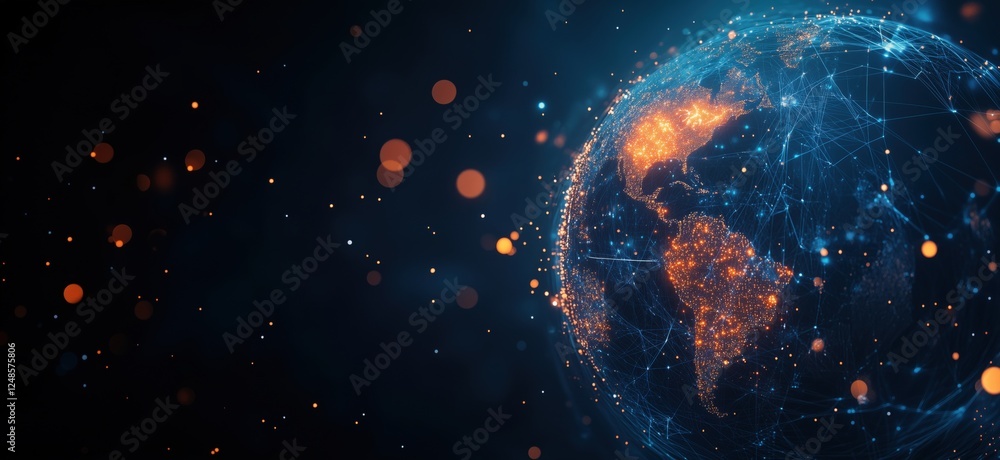Poster global network visualization with bright lights and connections across earth, copy space for text
