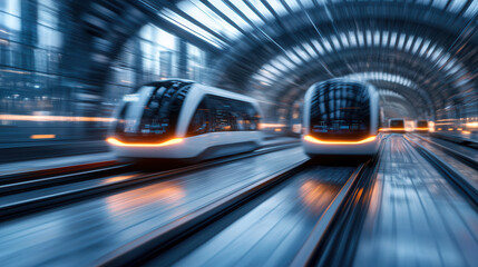 Futuristic transportation system featuring sleek trains in motion, showcasing advanced technology and urban design