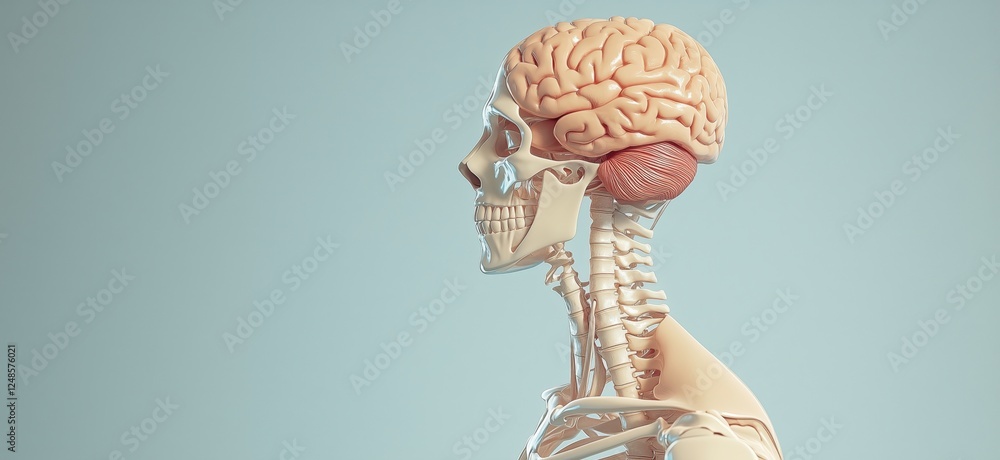 Poster human skull and brain anatomy with detailed skeletal structure and spinal column, copy space for tex